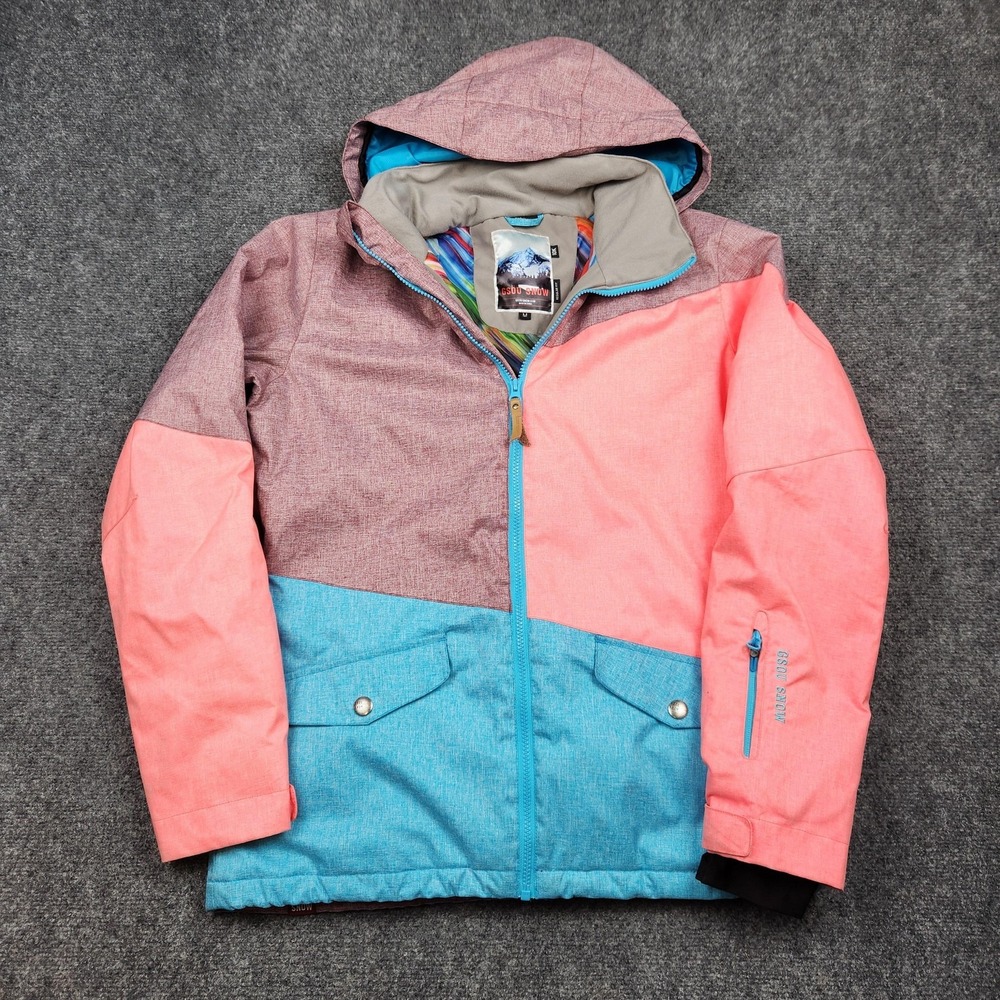 GSOU SNOW Jacket Womens Medium Pink Blue‎ Colorblock Ski Snowboard Hooded 10K